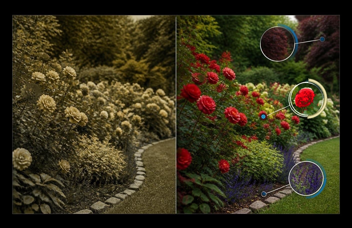 Side-by-side comparison of a garden as seen with reduced red-green sensitivity and with Cool Eye assisted differentiation