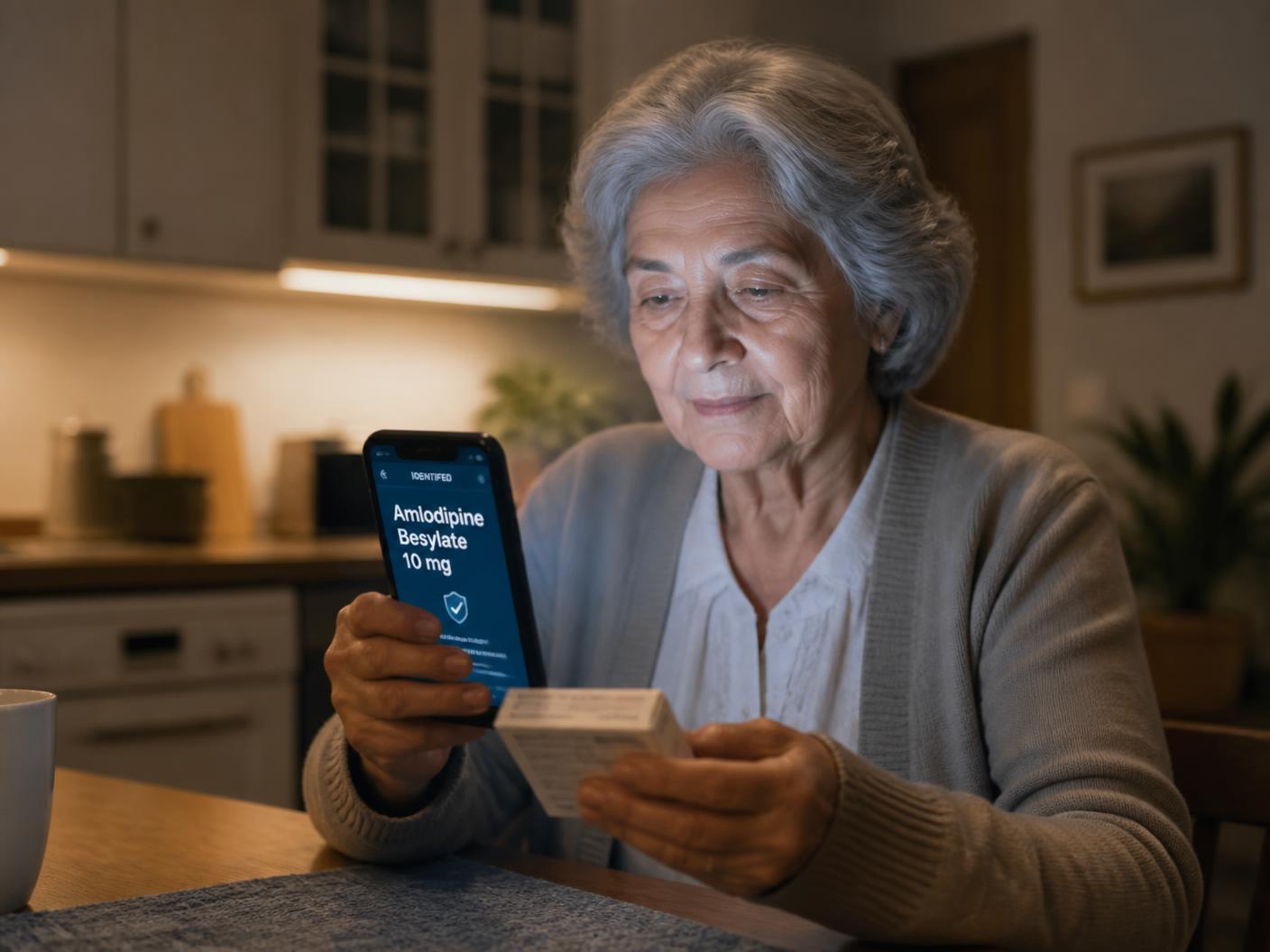An older woman at her kitchen table using Cool Eye to read a medicine package label